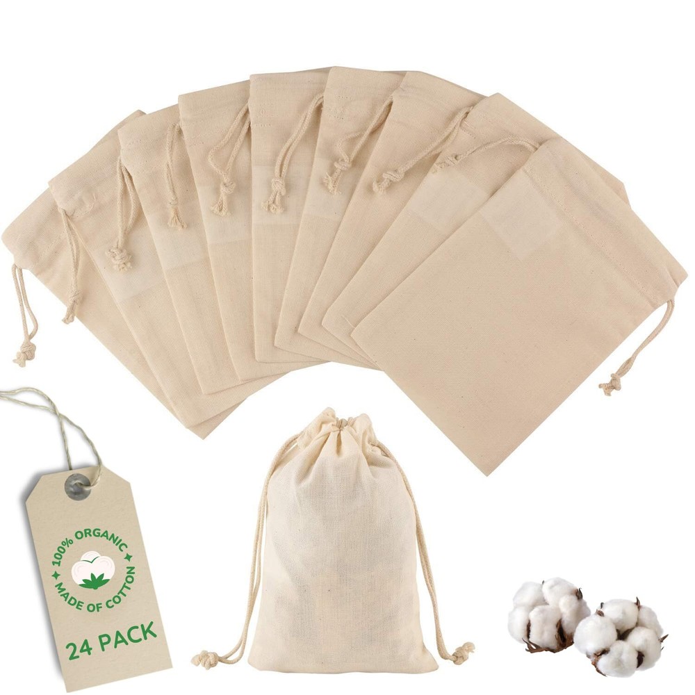 24 Pieces Organic Cotton Muslin Bags 4x6 Inch - Small Bulk Muslin Bags With D...