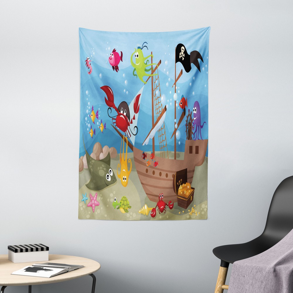 Pirate Tapestry Ship Underwater Animals Print Wall Hanging Decor