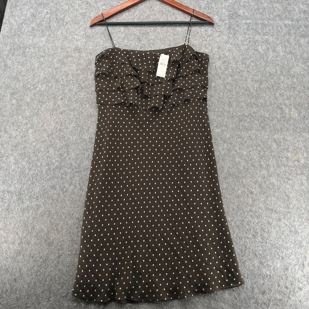 Ann Taylor Loft Silk Dress Womens 4 Brown Polka Dot Lace Coquette Slip Party NEW