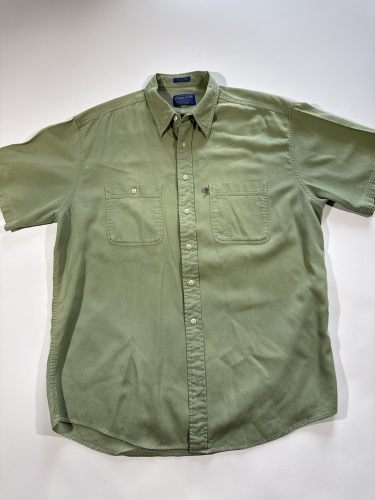 Pendleton Short Sleeve Button Up Shirt Cotton Lightweight Green Summer Mens L