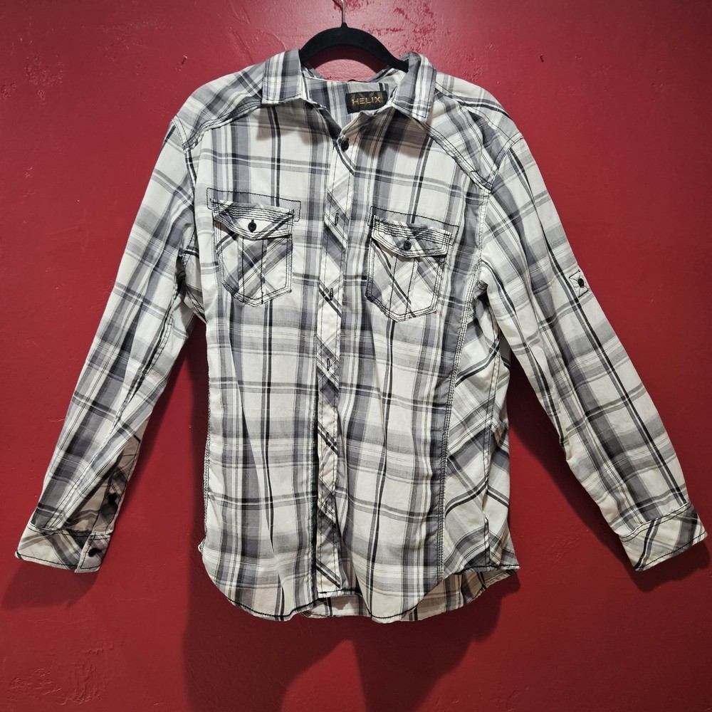 Men Helix Large Long sleeve button up Shirt Black Plaid Athletic Fit