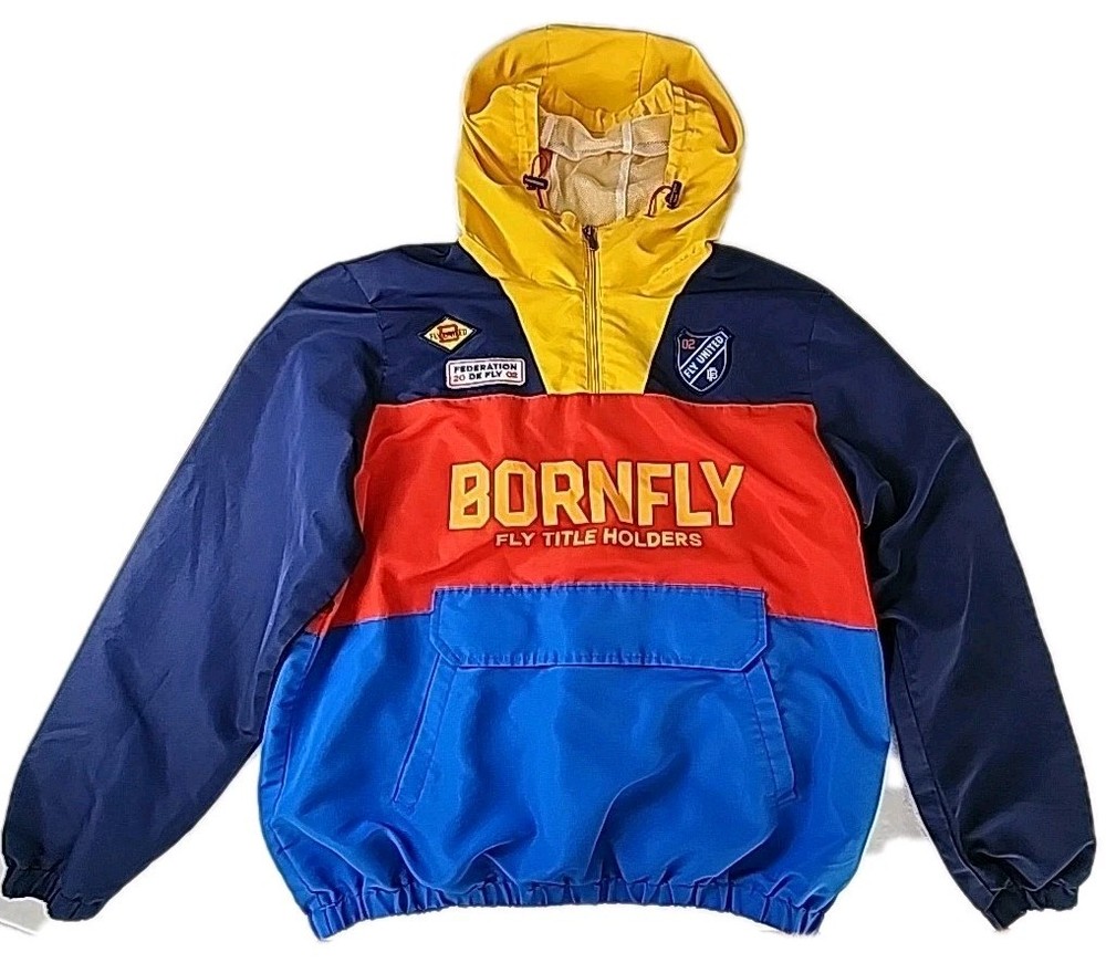 Born Fly Windbreaker Hoodie Men's XL 1/4-Zip Blue/Red/Yllw Colorblock Streetwear