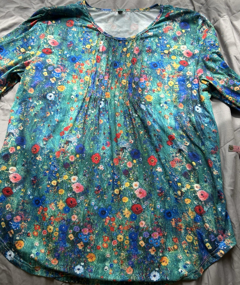 Green Multicolor Floral Tunic Blouse Pleats Round Neck Long Sleeve Plus 2XL