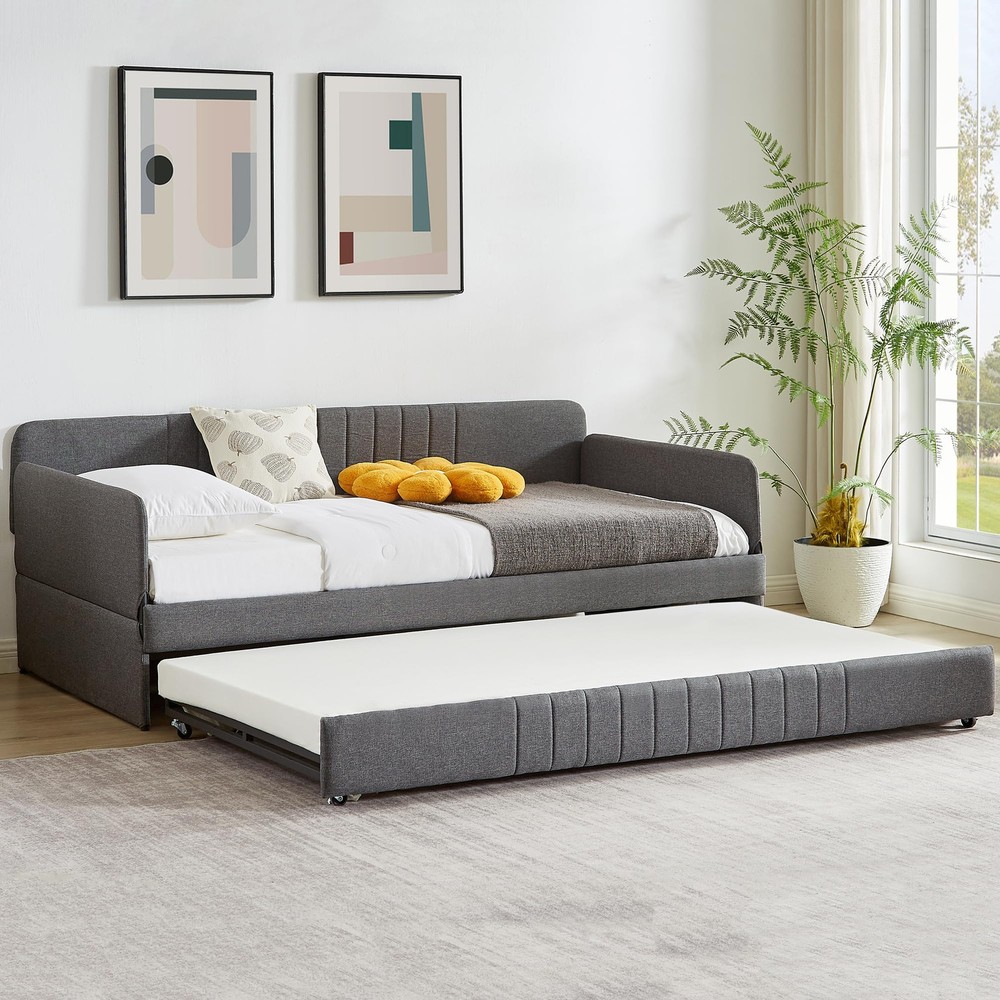 Twin Daybed with Trundle, Linen Upholstered Arm and Back Sleeper Sofa