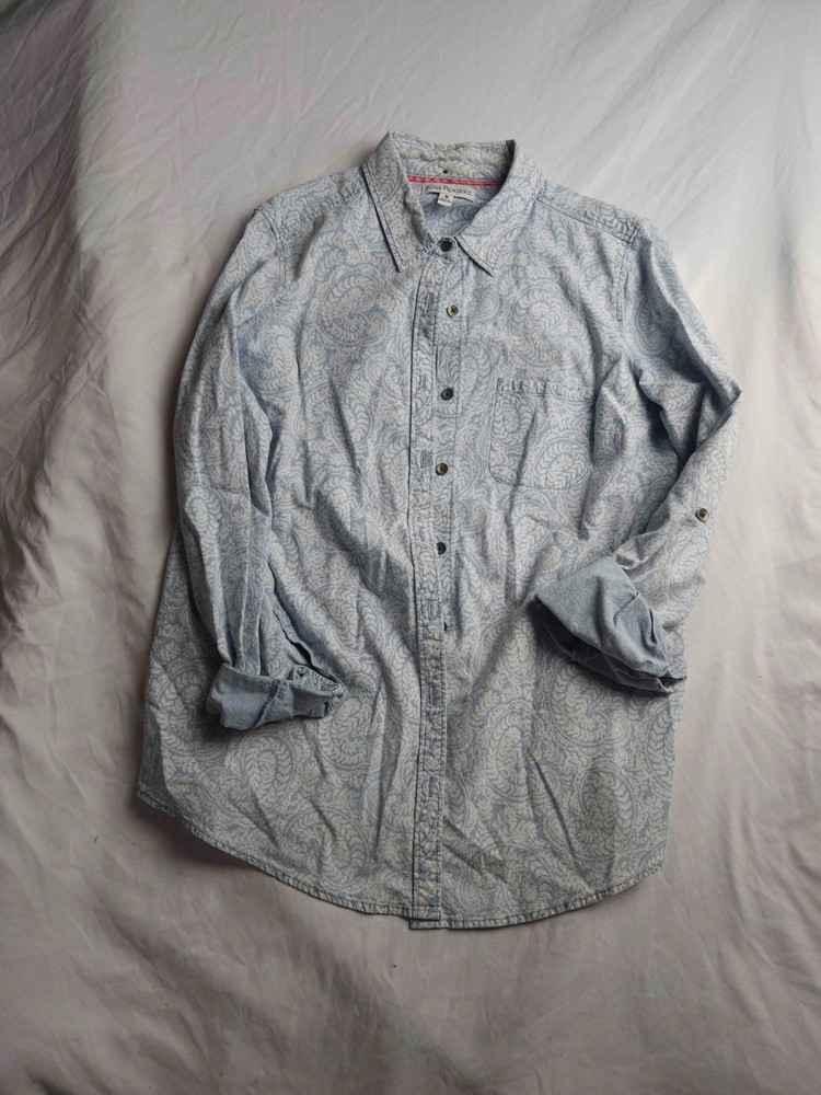 Kim Rogers Shirt Womens Medium Blue Paisley Leaf Print Button Up Long Sleeve