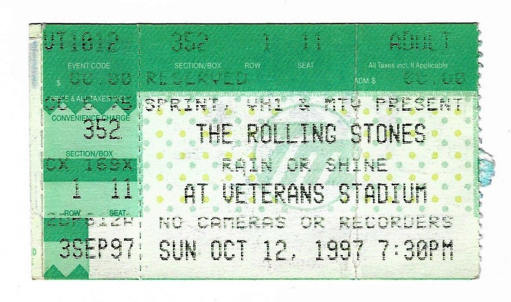 Rolling Stones 10/12/97 Philadelphia PA Veterans Stadium Rare Ticket Stub