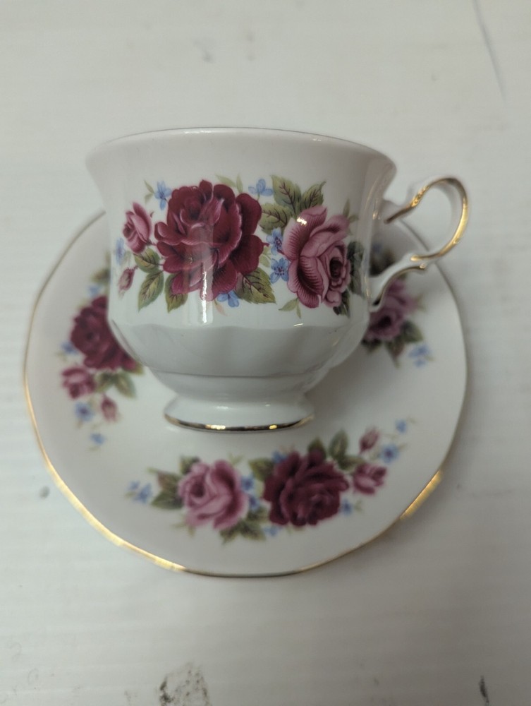 Vintage Queen Anne Floral Bone China Tea Cup and Saucer Set Red Purple