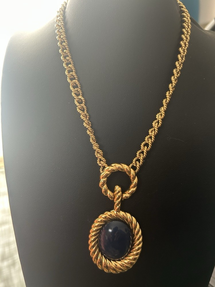 Monet Vintage Signed Nautical Rope Style Blue Cabochon Pendant Necklace