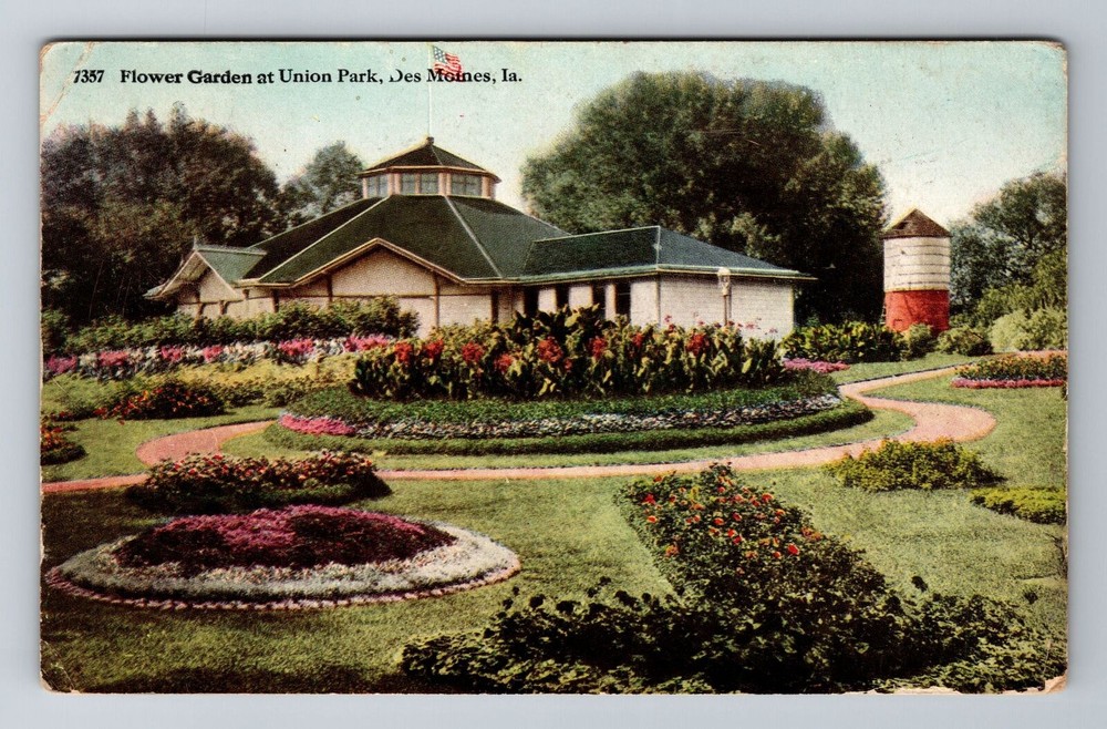 Des Moines IA-Iowa, Flower Garden At Union Park, Antique Vintage c1915 Postcard