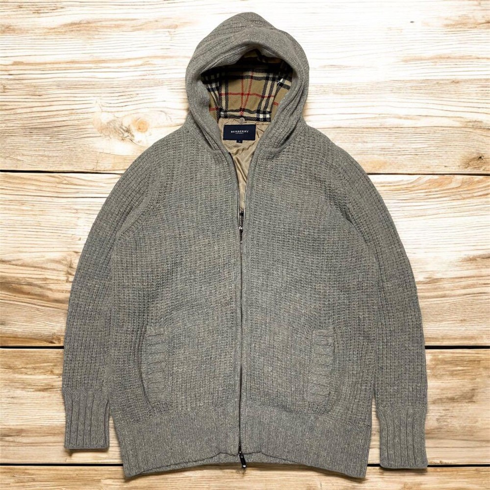 Burberry London Nova Check Knit Hoodie Size 5 XL Gray Cardigan - Great Condition