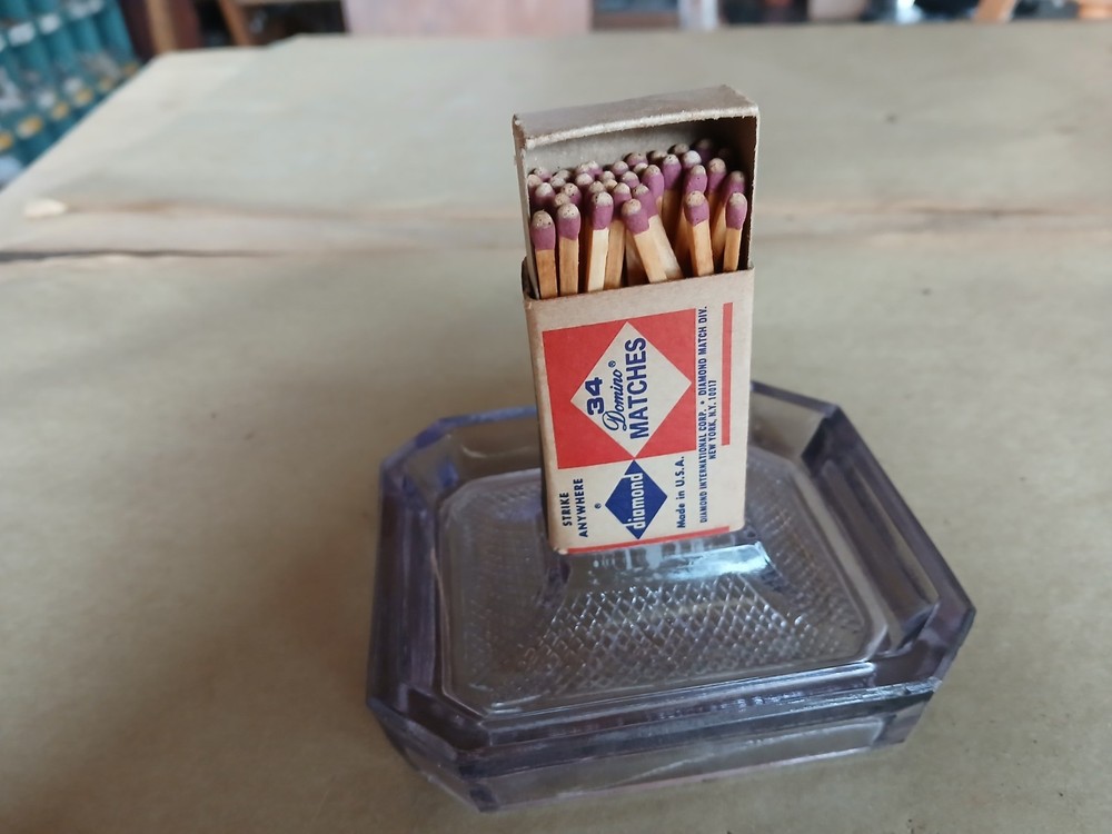 purple depression GLASS VINTAGE MATCHBOX HOLDER/ ashtray store matches pink