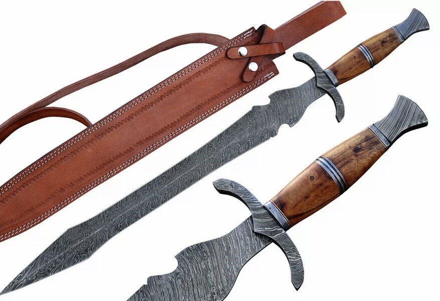 CUSTOM HANDMADE DAMASCUS STEEL VIKING SWORD W/ ROSEWOOD HANDLE & LEATHER SHEATH