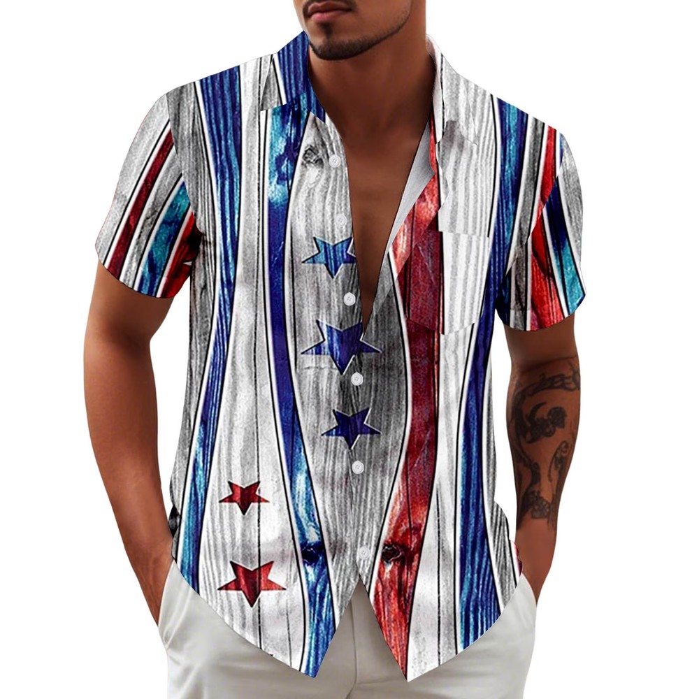 Men's American Flag Patriotic Hawaiian Shirt USA Button Down Short Sleeve