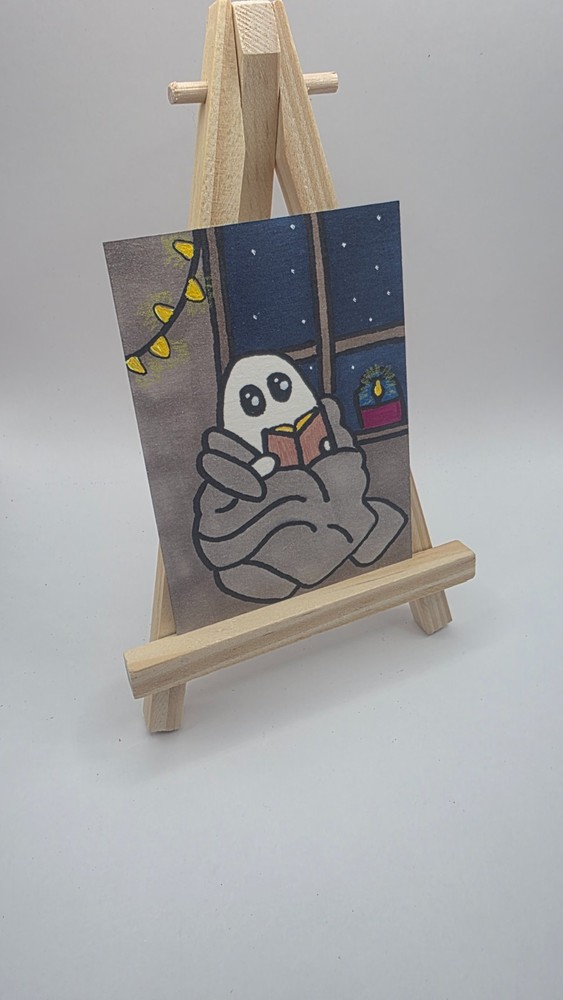 Cozy Haunts ACEO Original Ghost Art – Flower Ghost with Black Cat – Halloween Mi