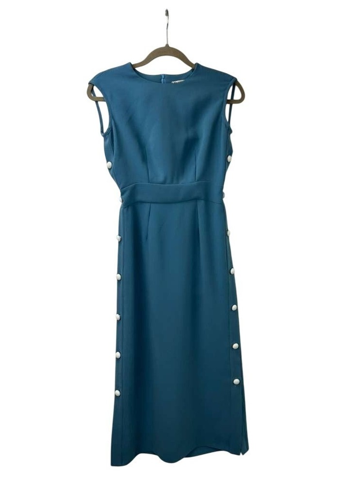 Edeline Lee Women's Size 4 Midi Dress With Side Button Detail Blue Sleeveless