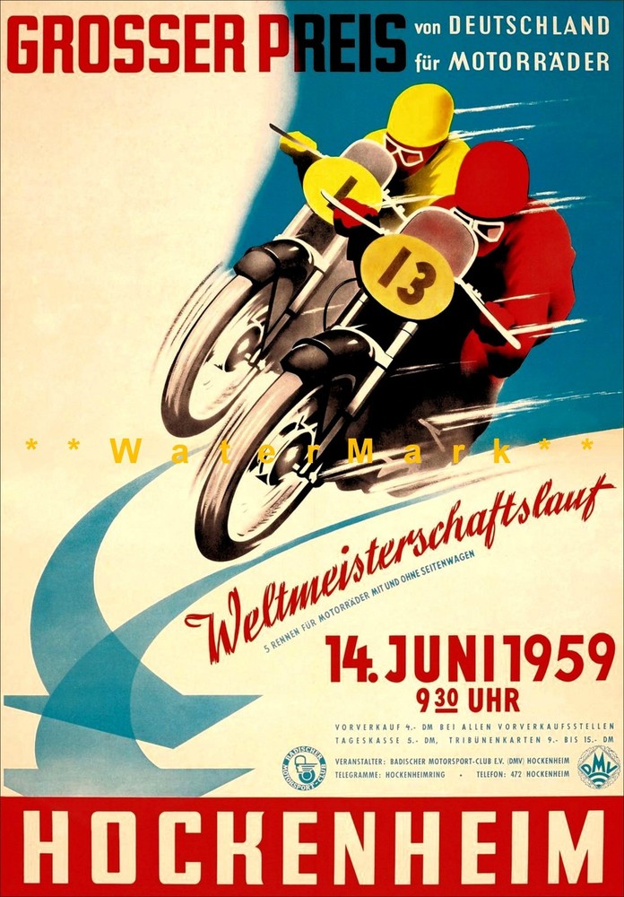 Hockenheim 1959 German Grand Prix Vintage Motorcycle Racing Poster Print  