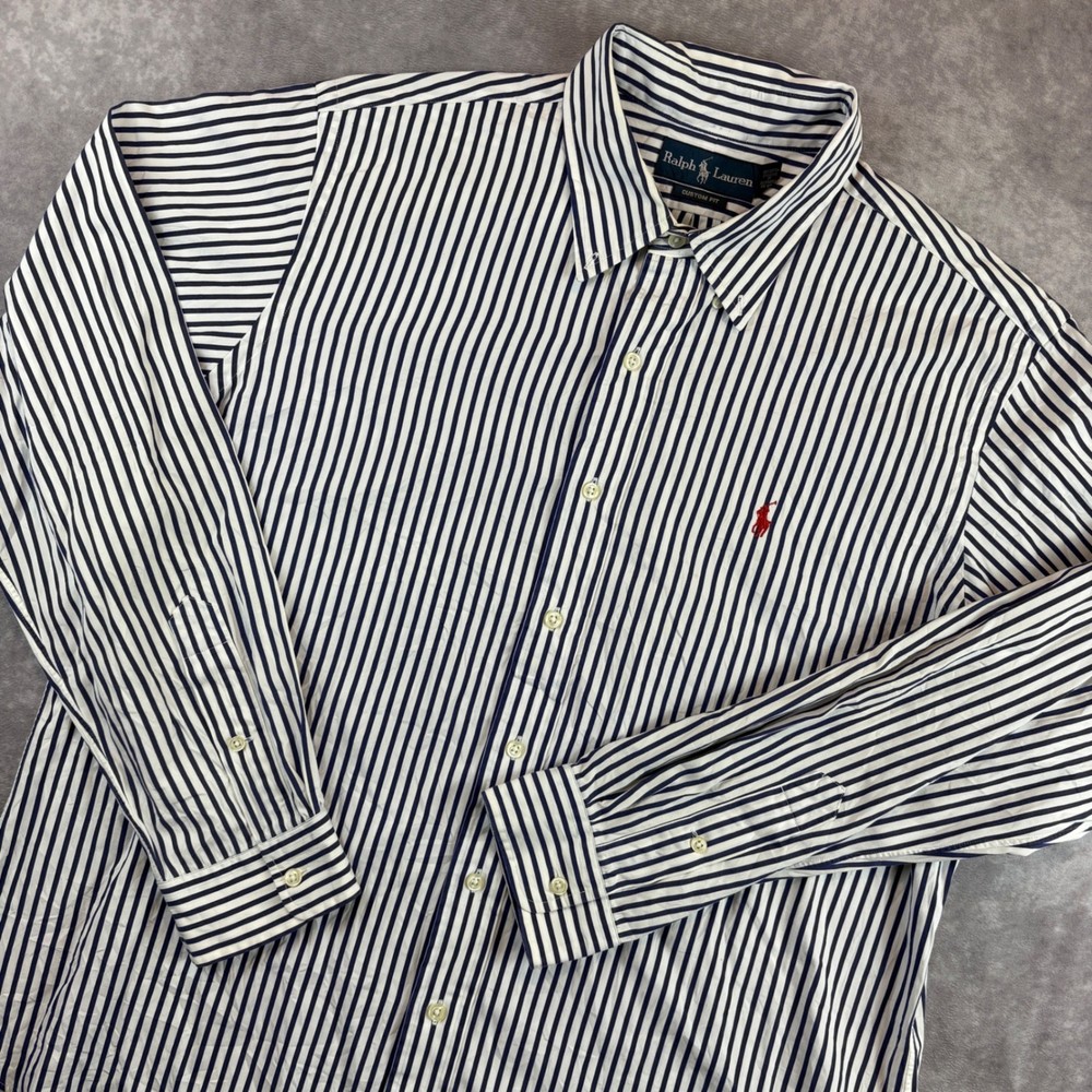 Ralph Lauren Button Down Shirt Mens XL Navy Blue White Striped Custom Fit L/S