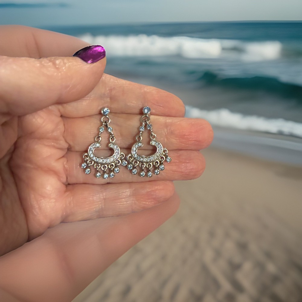 Vtg Aqua Crystal Chandelier Dangle Pierced Earrings Set Silver Tone Boho