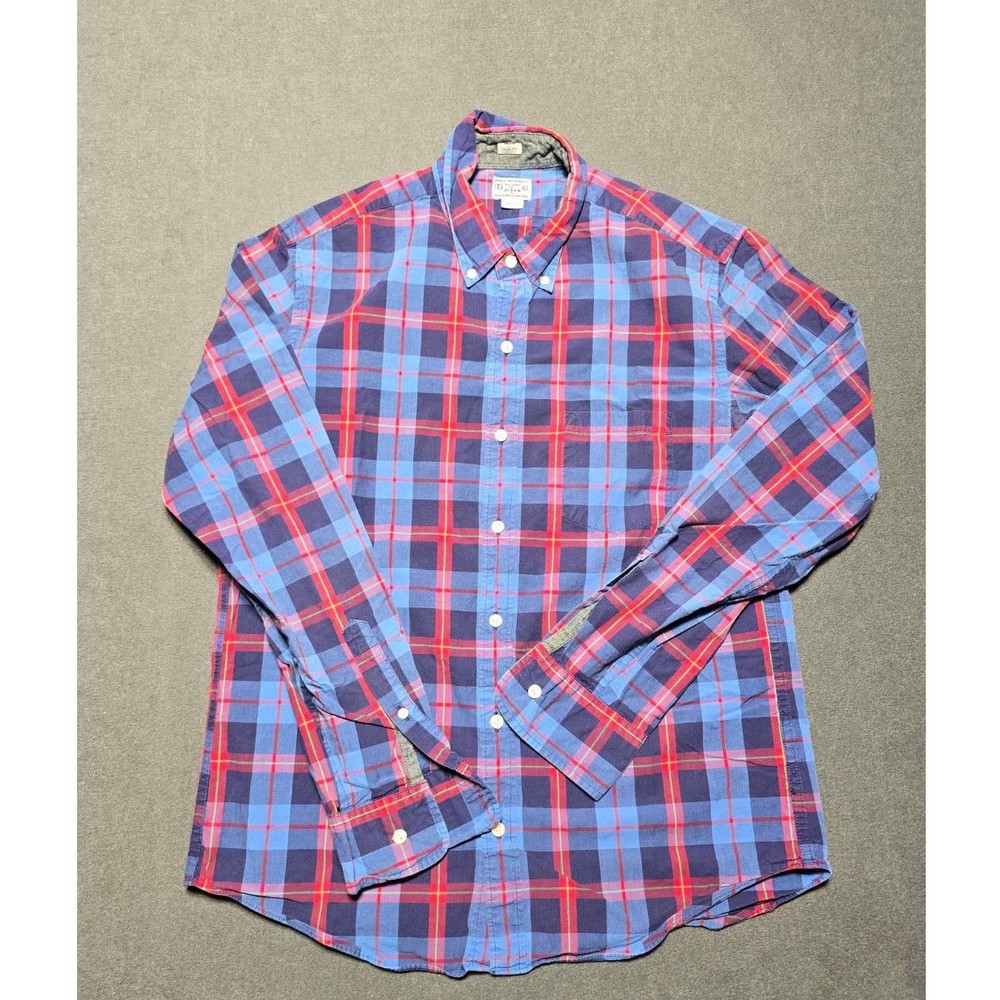 J Crew Slim Fit Long Sleeve Button Up Plaid Shirt Red Blue Men's L