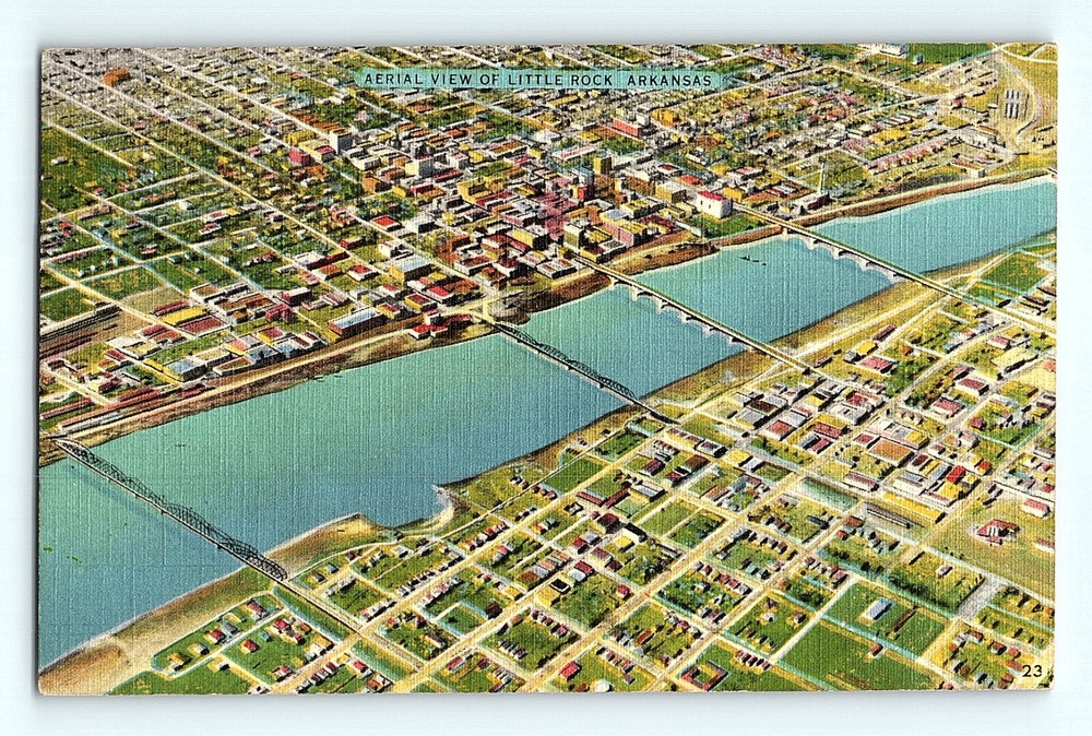 Aerial View of Little Rock Arkansas Downtown City Linen Vintage Postcard G4