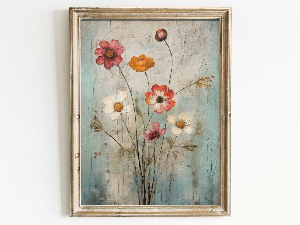 Wildflower Print Distressed Vintage Botanical Print Flower Bouquet Wall Art