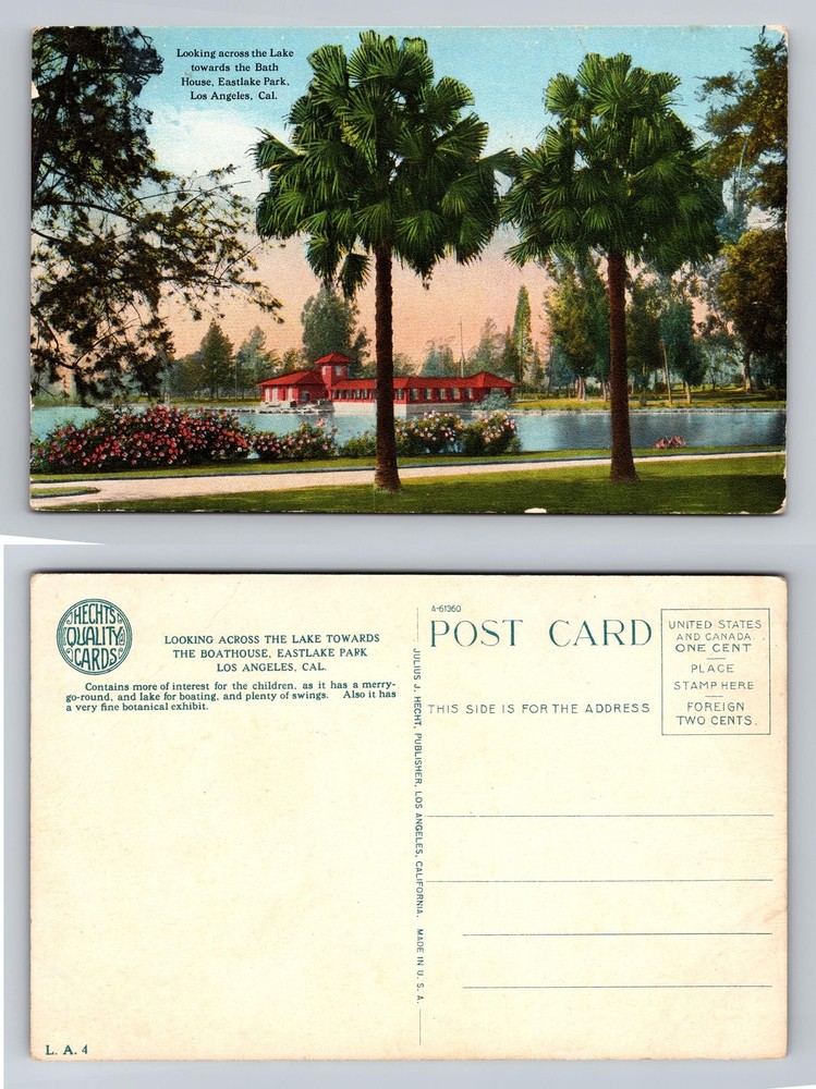 Los Angeles, CA-California, Eastlake Park Boathouse Lake Palms Vintage Postcard