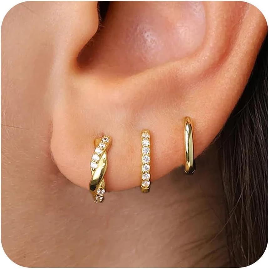 Gold Huggie Hoop Earrings Set for Women, Dainty Small Sterling Silver Earrings f
