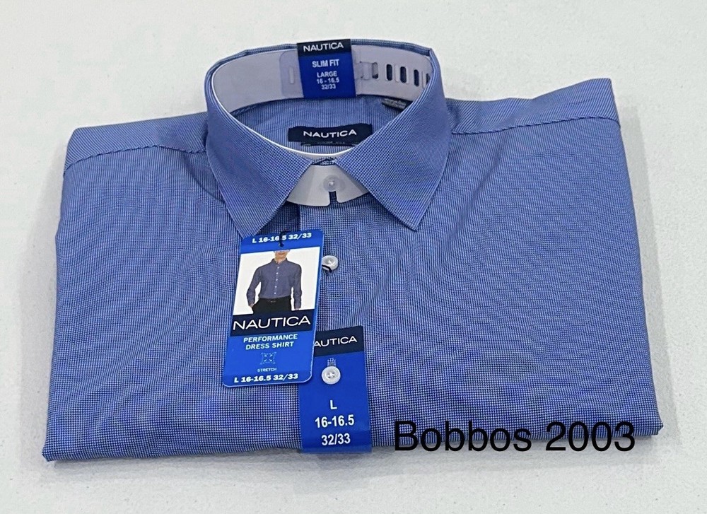 Nautica Men's Performance Slim Fit Dress Shirt, Navy, L (16-16.5, 32/33)