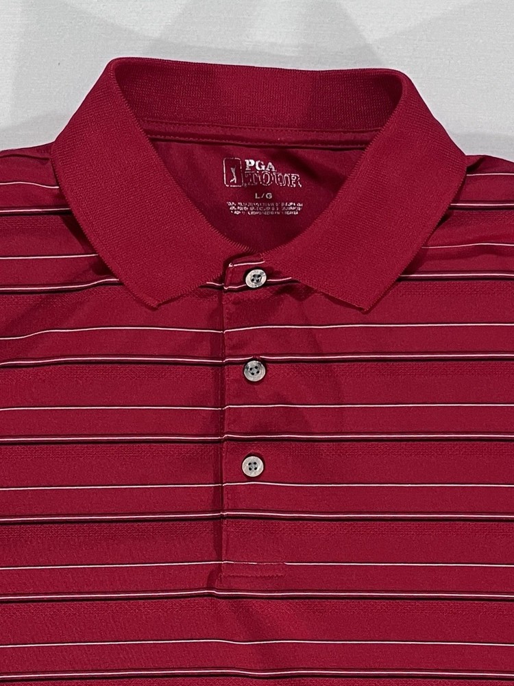 PGA Tour Mens L Red Striped Short Sleeve Shirt Golf Polo