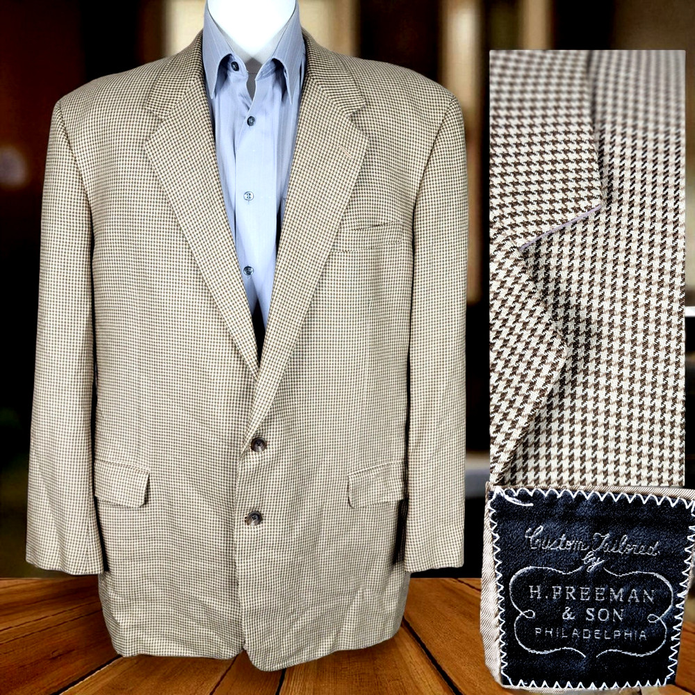 H Freeman & Son Sport Coat Blazer Mens 48L Beige Houndstooth Bespoke