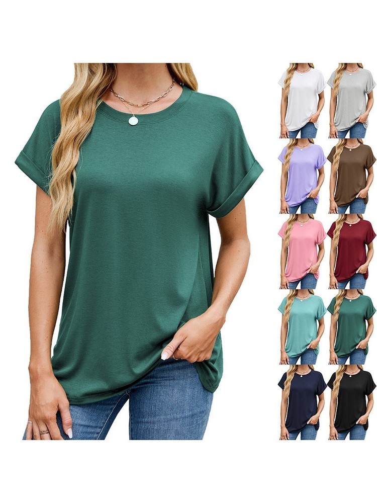 Spring summer women tshirt solid color casual round neck loose short sleeve top