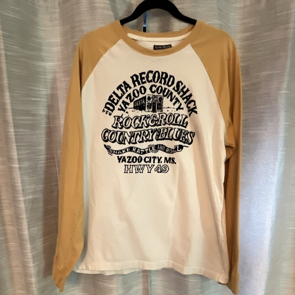 Lucky Brand Men’s XL White/Tan Raglan Long Sleeve Crew Neck Cotton Graphic Tee