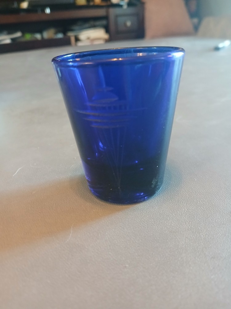 Seattle Space Needle engraved Blue Glass Shot Glass Shotglass