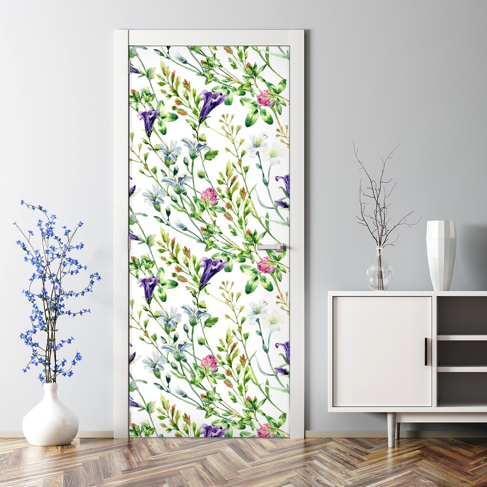 Bubble Free Door sticker Watercolour wild flowers Floral Colourful vibrant