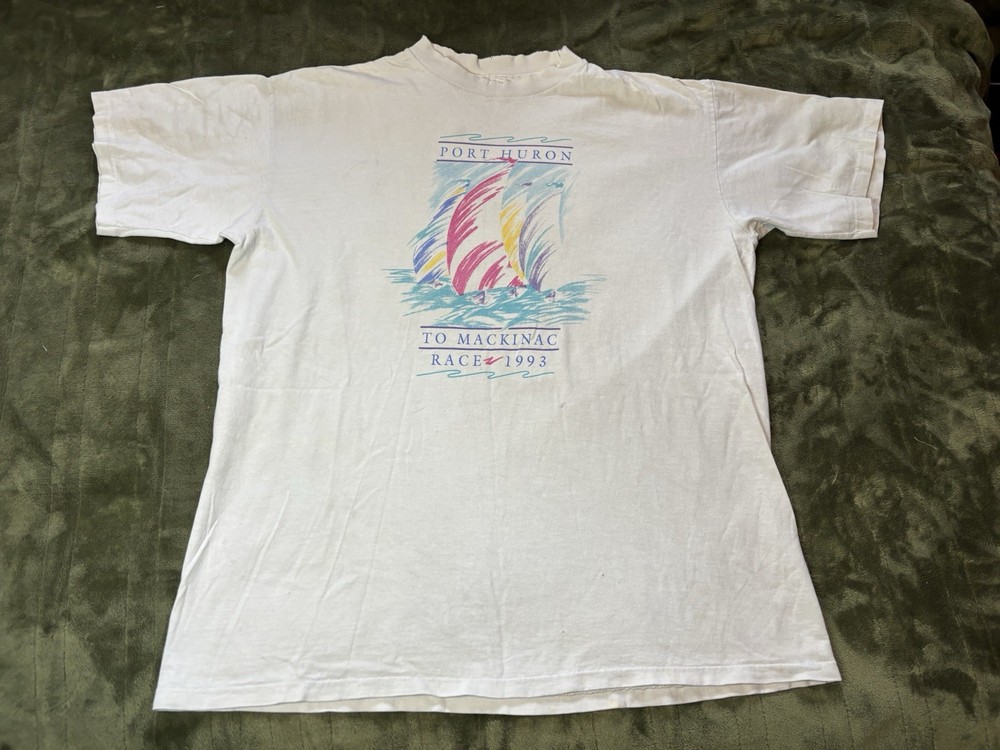 Vintage Sail Boat Race Shirt Mens XL White 90s Port Huron To Mackinac 1993 Beach