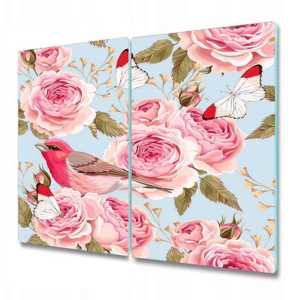 Glass Kitchen Chopping Board English roses and birds pink and yellow art 2x30x52
