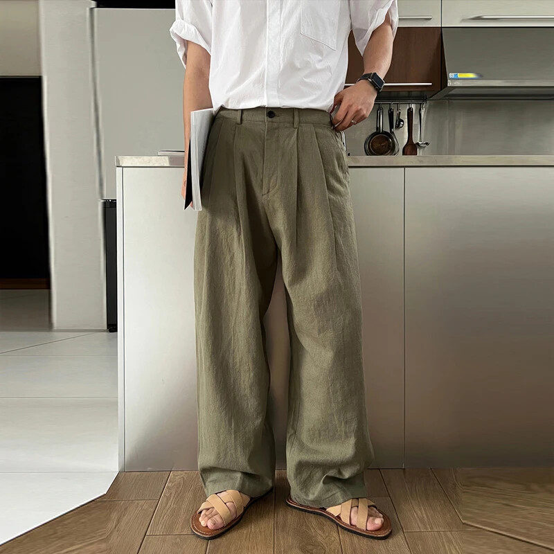 Men's Linen Wide Leg Sweatpants Casual Button Down Solid Color Straight Fit