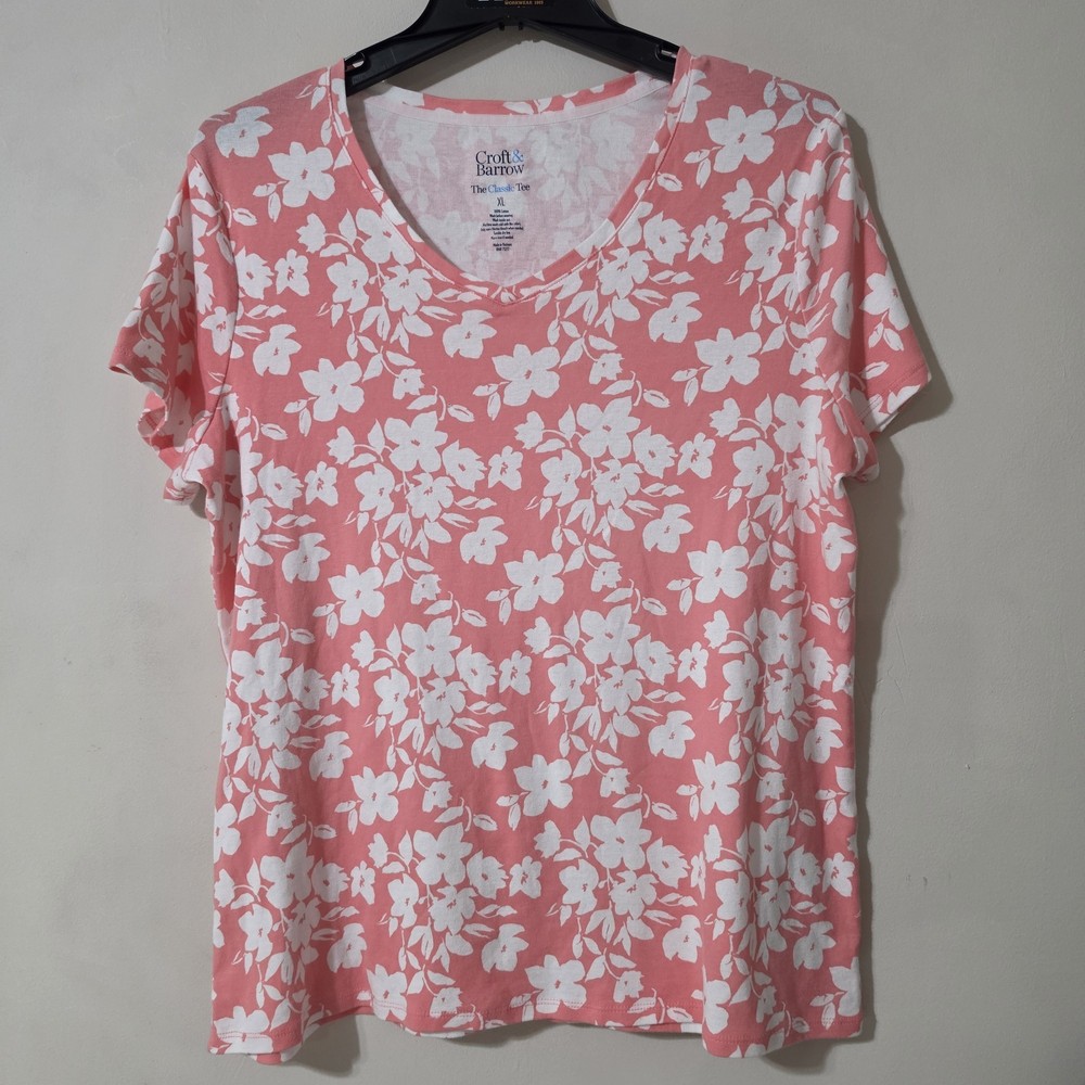 Croft &Barrow Women's  XL Floral Classic Tee Cotton Pullover Short Sleeve Top