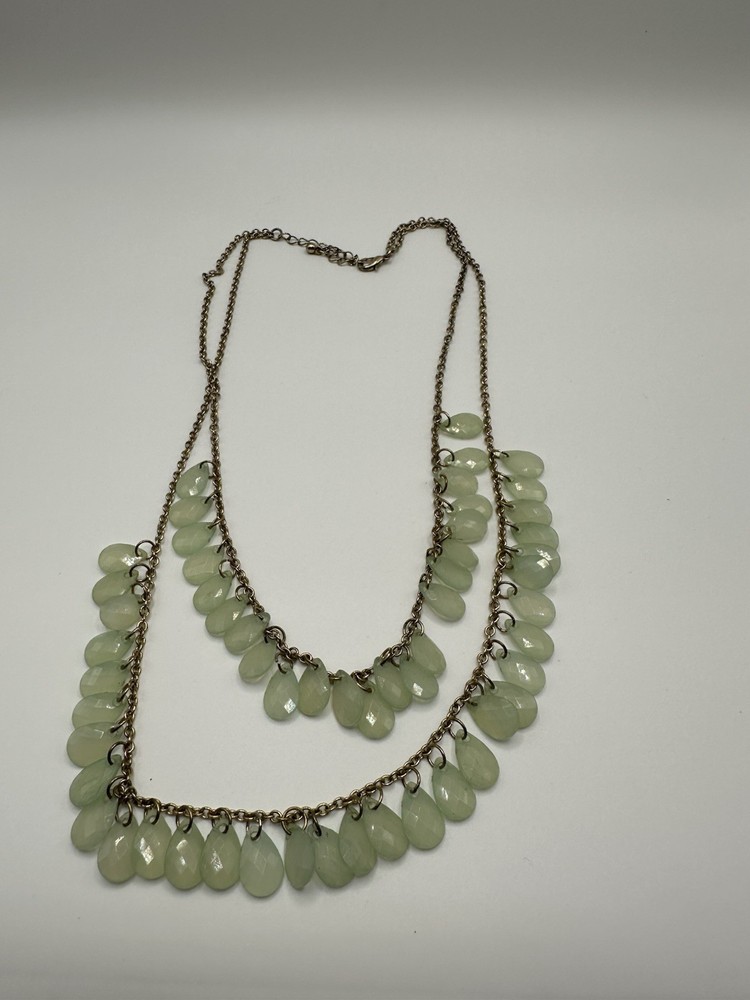 Vintage Faceted Light Green Acrylic Teardrops Layered Gold Tone Chain Necklace
