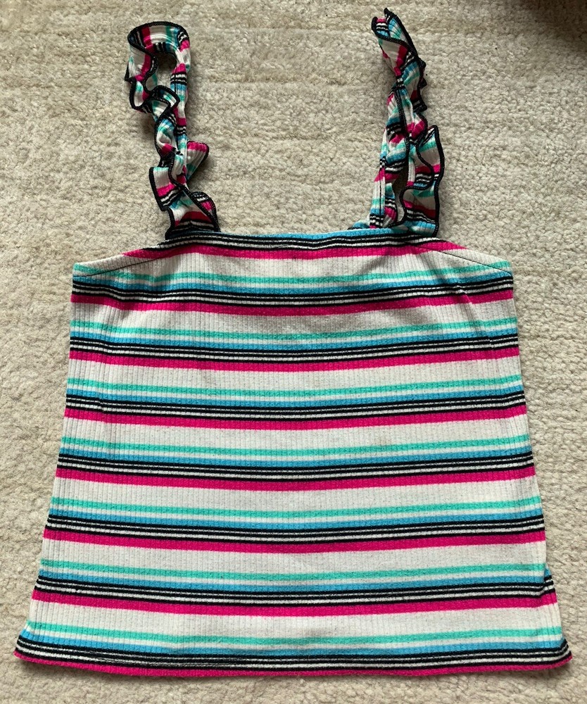 Self Esteem Tank Top Black Pink Striped Ruffle  Size Small Springbreak Easter