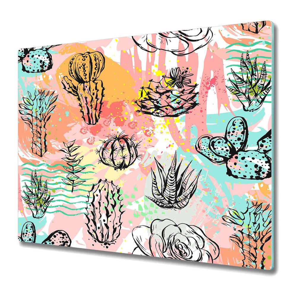 Glass Induction Ceramic Hob Cover Painted Exotic Plants | Cacti Cactus | 60x52