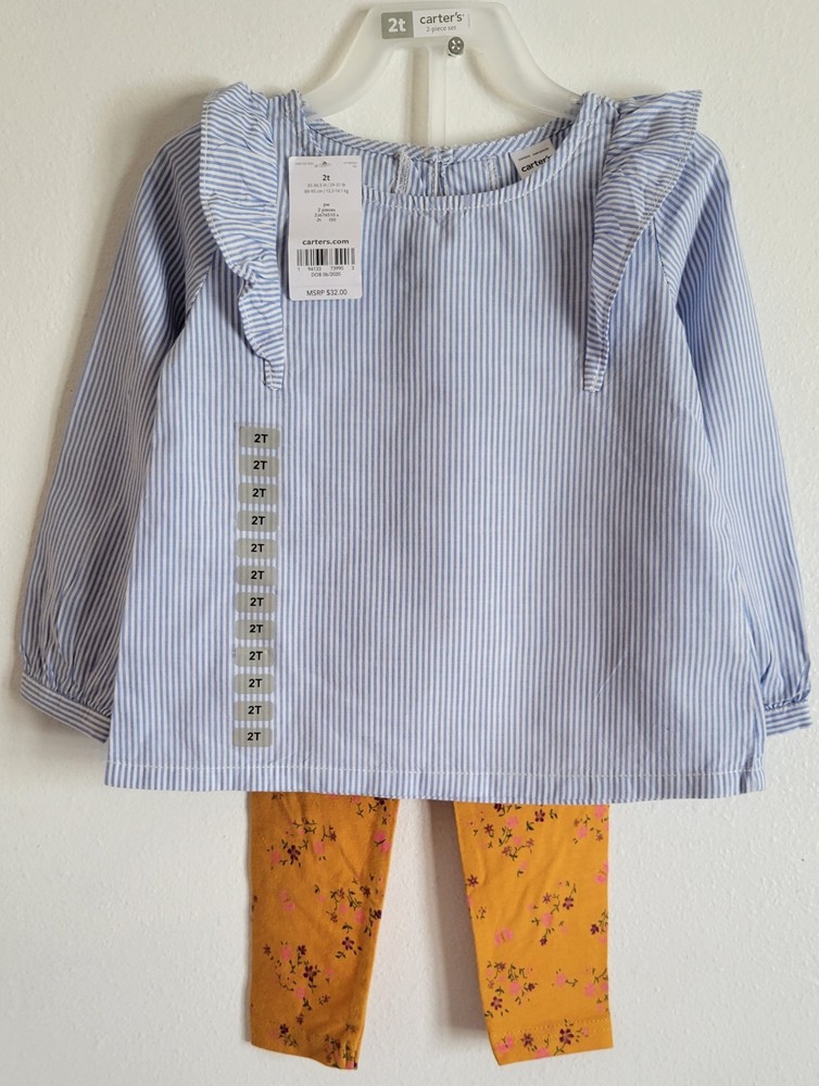 Carter’s Baby Girls 2T New 2 Piece Outfit~Stripe Top, Flower Pants~New With Tags