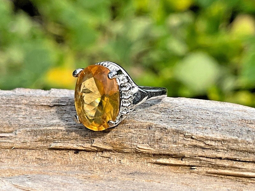 Vibrant Citrine Resin Gemstone Silver Steel Alloy Ring Size 7.5  
