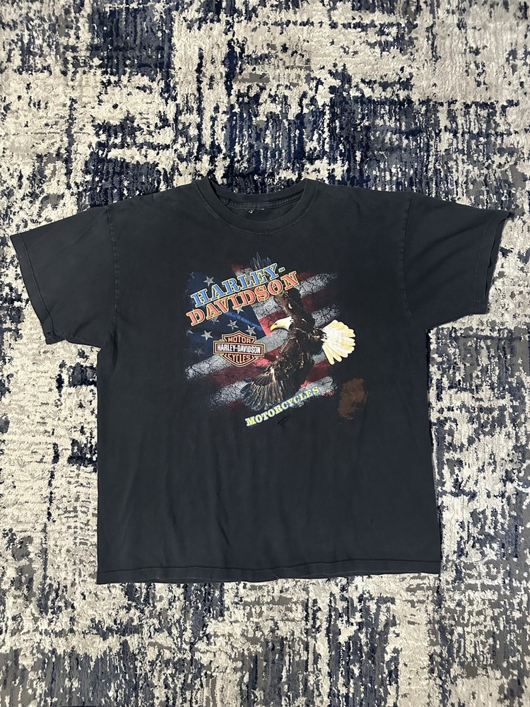Harley Davidson Men’s Short Sleeve Tee Size Xl Black Eagle and American Flag USA