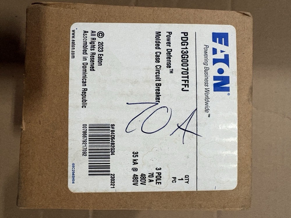 Eaton Power Defense PDG13G0070TFFJ 70A 3-Pole 480V Circuit Breaker Trip Indicat…