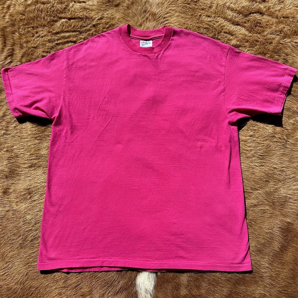Vintage 90s Hot Pink Single Stitch USA Blank Tee T Shirt Hanes Beefy L Bright