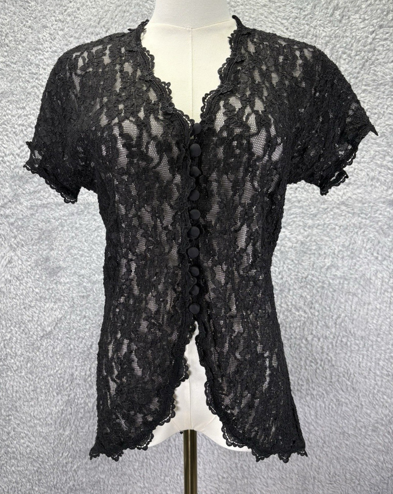 Women Black Lace Button Front Sheer Top Small Vintage Y2K  Romantic Whimsigoth