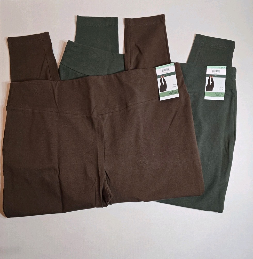 New! Set Of 2! Terra & Sky Women's Plus 3X (24-26W) Leggings, Brown And Green