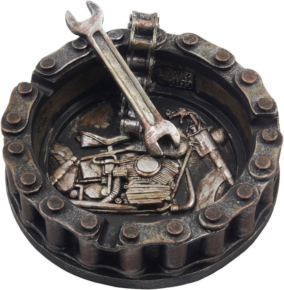 Decorative Motorcycle Chain Ashtray with Wrench and Bike Motif Great One Size