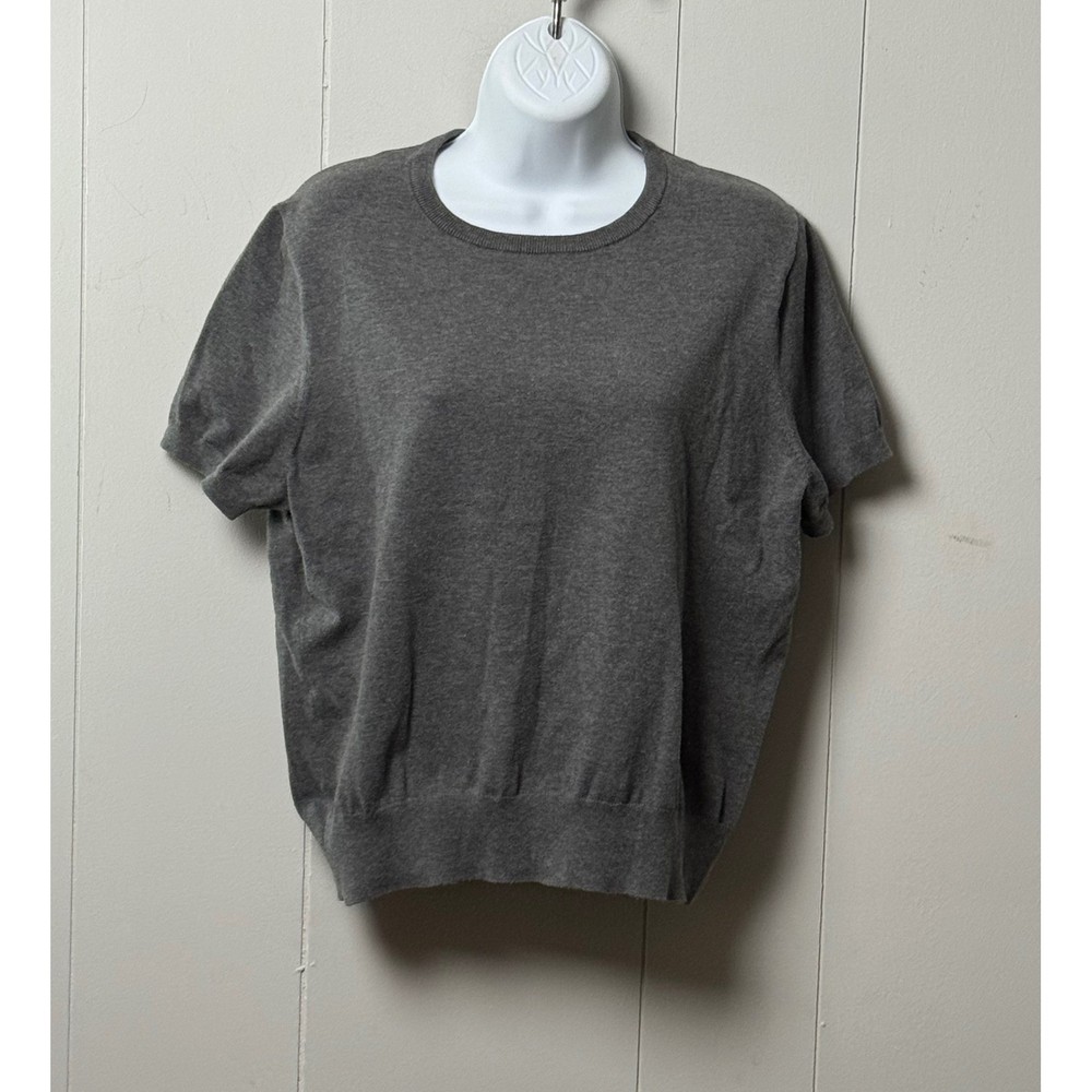 Lands End Women's Gray Short Sleeve Crew Neck Cotton Blend Knit Sweater Sz Large